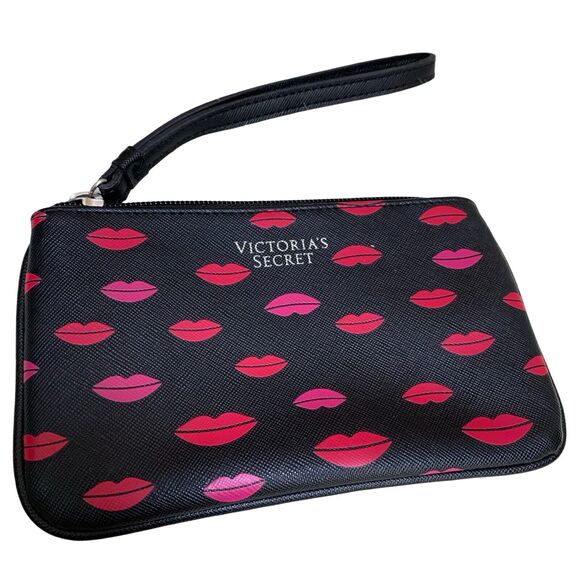 Victoria's Secret Handbags - VICTORIA'S SECRET Black Faux Leather Wristlet with Pink & Red Lipstick Love Kiss